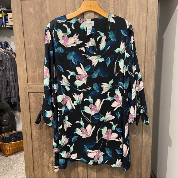 Catherines 2X Tunic Top V Neck Floral 3/4 Sleeves Lagenlook - Picture 1 of 10